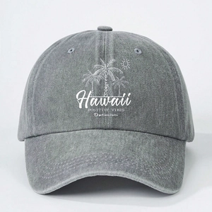 Washed dark gray baseball cap with white Hawaii palm tree print and positive vibes text