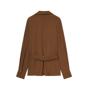 Chemisier en satin marron à manches longues avec n ud torsadé au dos et poignets boutonnés