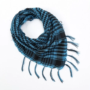 Detailed view of checkered tactical scarf with blue and black patterns and fringe