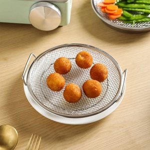 Stainless steel round frying oil strainer basket with dual handles and ceramic plate