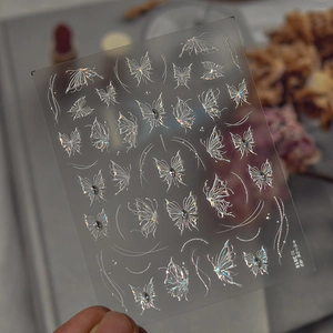 Macro shot of 3D aurora butterfly nail stickers with iridescent holographic effects