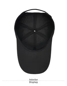 Inside view of black cotton baseball cap showing internal stitching and mesh lining