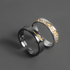 Creative black and gold S925 silver adjustable rings with molten lava texture pattern