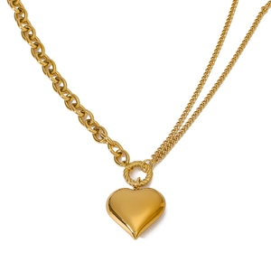 18k gold plated stainless steel heart pendant necklace with unique layered double chain