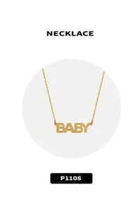 Macro detail of chunky gold 18k plated BABY letter necklace with fine O-chain links