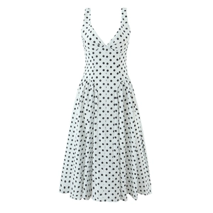 Robe Midi À Pois Col En V Sans Manches Taille Haute Ligne A Rétro Mode D'Été Polyester Pour Femmes