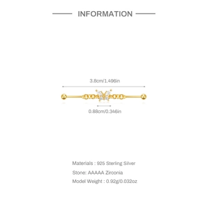 Detailed size chart of a 925 sterling silver butterfly industrial barbell with zirconia