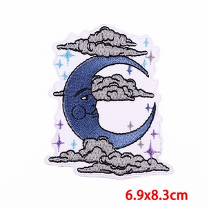 Cartoon moon and stars embroidered patch with blue crescent and clouds 6.9x8.3cm