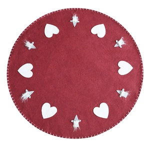 Red felt Christmas tree skirt with white hearts and bearded gnome motifs for holiday decor