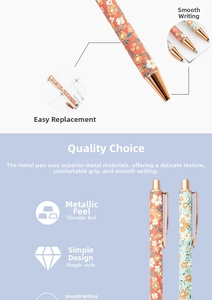 Detail view showing smooth writing nib and detachable inner structure of floral metal pen