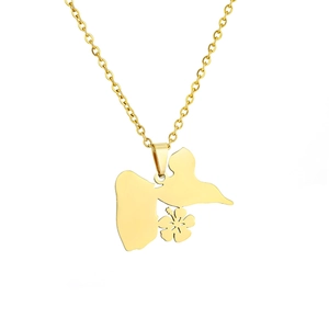 Guadeloupe map pendant necklace with flower detail in polished golden stainless steel