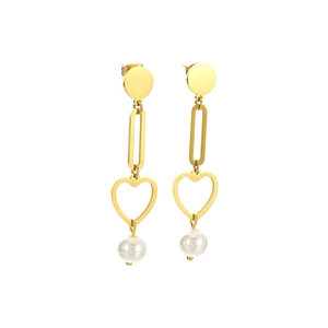 Golden heart pearl drop earrings made of stainless steel with a minimalist geometric design