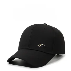 Close-up of black twill cotton baseball cap with white Sport embroidery on the side