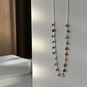 Detail view of 925 sterling silver chain featuring colorful faceted gemstone beads