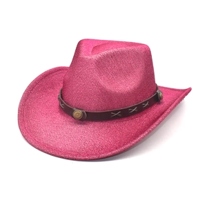 Chapeau de cowboy rose vif scintillant avec large bord et bandeau en cuir clouté