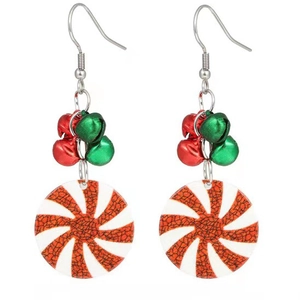Christmas drop earrings featuring red and white candy pendants with festive colorful bells