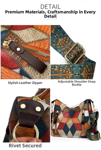 Detail of vintage patchwork handbag featuring crocodile texture and golden metal hardware