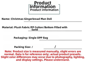 Specifications for plush gingerbread man ornament with sand base and PP cotton filling