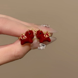 Red Enamel Mythical Dragon Unicorn Stud Earrings Gold Plated Copper With Silver Earring Post Cute Cartoon Accessory For Women