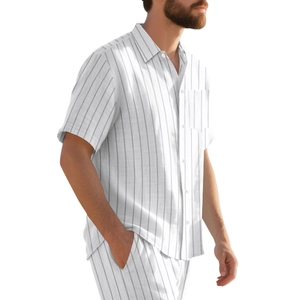 Detail of men's striped short sleeve shirt featuring vertical lines and chest pocket