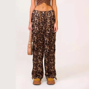 Women Leopard Print Cargo Pants High Waist Wide Leg Acetate Polyester Multi-Pocket Drawstring Casual Streetwear Fashion