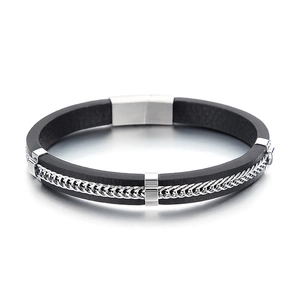 Minimalist men's black leather bracelet with silver stainless steel woven chain link