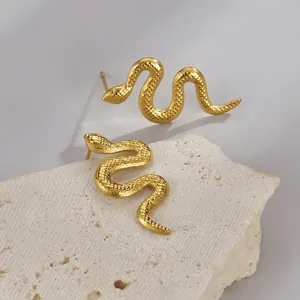 Vintage gold snake-shaped titanium steel earrings with detailed scale texture and snake head