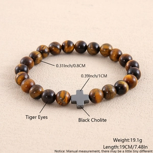 Detailed size specifications for beaded cross bracelet with tiger eye and black stone