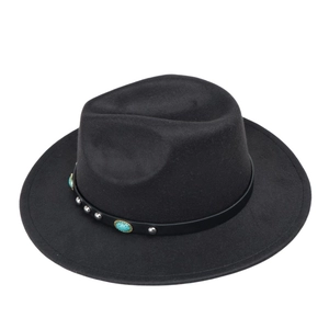 Detail of black wool fedora with leather band featuring turquoise stones and silver studs