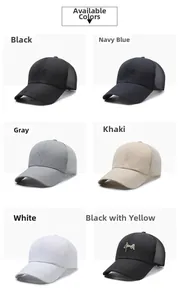 Detailed grid of six mesh back baseball caps in various colors with embroidery