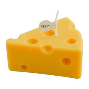 Handmade cheese shaped scented candle with realistic hole texture and white brand tag