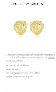 Detailed specs of geometric shell-shaped S925 silver stud earrings in 18k gold finish