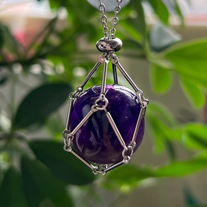 Natural purple crystal stone pendant with silver stainless steel mesh chain necklace