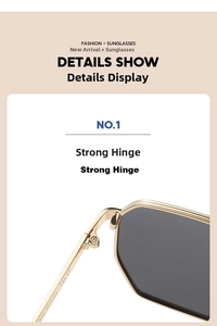 Detailed close-up of gold metal sunglasses hinge with engraved product specifications