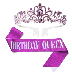 Detail of purple Birthday Queen glitter sash and shiny rhinestone crown party set