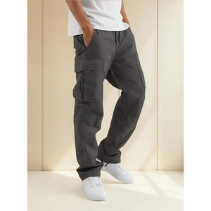 Men's dark gray cargo pants with drawstring waist and multi-pockets in a straight-leg style