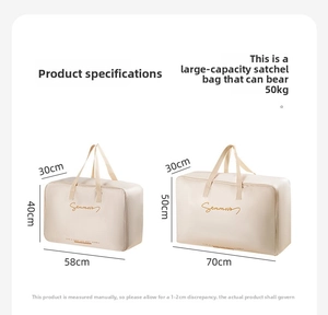 Detailed size chart showing dimensions and load capacity for the quilt storage bags