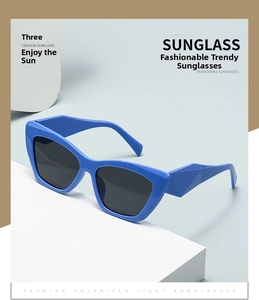 Close-up of trendy blue plastic cat eye sunglasses with high quality dark polarized lenses