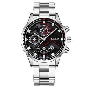 Reloj de negocios para hombre con correa de acero inoxidable y esfera cronógrafa negra