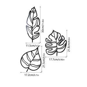 Dimensions détaillées pour l'ensemble de 3 décorations murales feuilles en métal noir