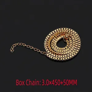 Golden 3mm stainless steel box chain necklace with extension link in 450+50mm length