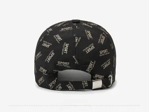 Rear view of black summer baseball cap with gold sport print and silver metal buckle