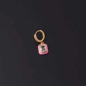 Detail of gold hoop earring with pink enamel rectangle pendant and zircon stones