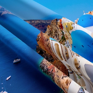 Detailed macro view of high-quality digital print on Santorini Mediterranean wall tapestry