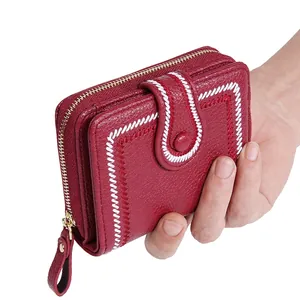 Women Short Wallet Litchi Pattern PU Leather Zipper Buckle Embroidery Accordion Card Holder Fashion Small Purse