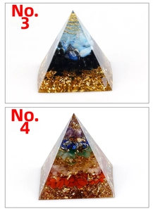 Macro detail of Orgone Pyramid variants 3 and 4 with resin, crystals and gold foil