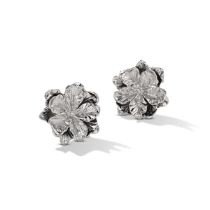 Exquisite 925 silver flower stud earrings with delicate petal texture on white background