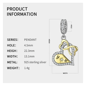 Detailed specs showing heart pendant dimensions of 22.3mm by 13.1mm in 925 sterling silver