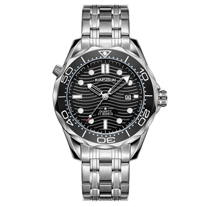 Men's silver quartz watch with black wave dial and stainless steel strap on white background