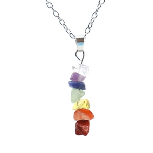 Macro shot of 7 Chakra raw gemstone pendant with polished silver chain detail